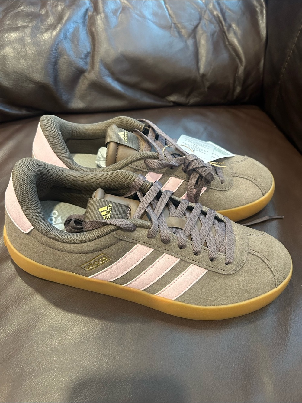 adidas Women's Gray Suede Sneakers with Pink Stripes and Gum Sole